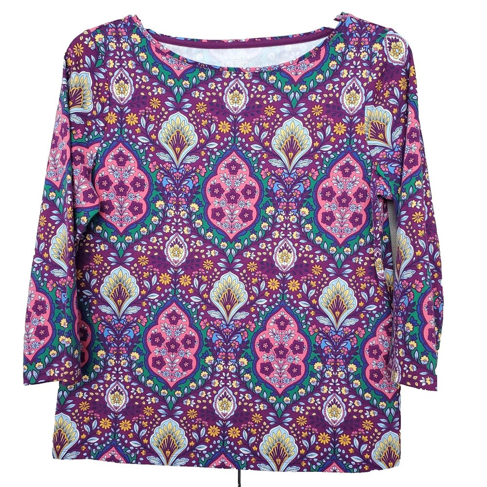 Talbots Cotton Blend Botanical Medallion Print 3/4 Sleeve Boat Neck T-Shirt LGE